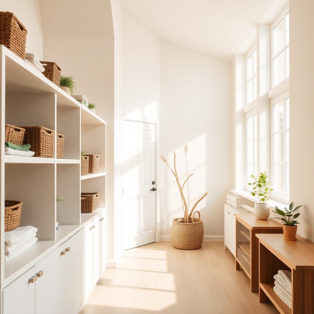 A bright, tidy home mudroom with woven baskets, folded linens, and warm morning light streaming through the window